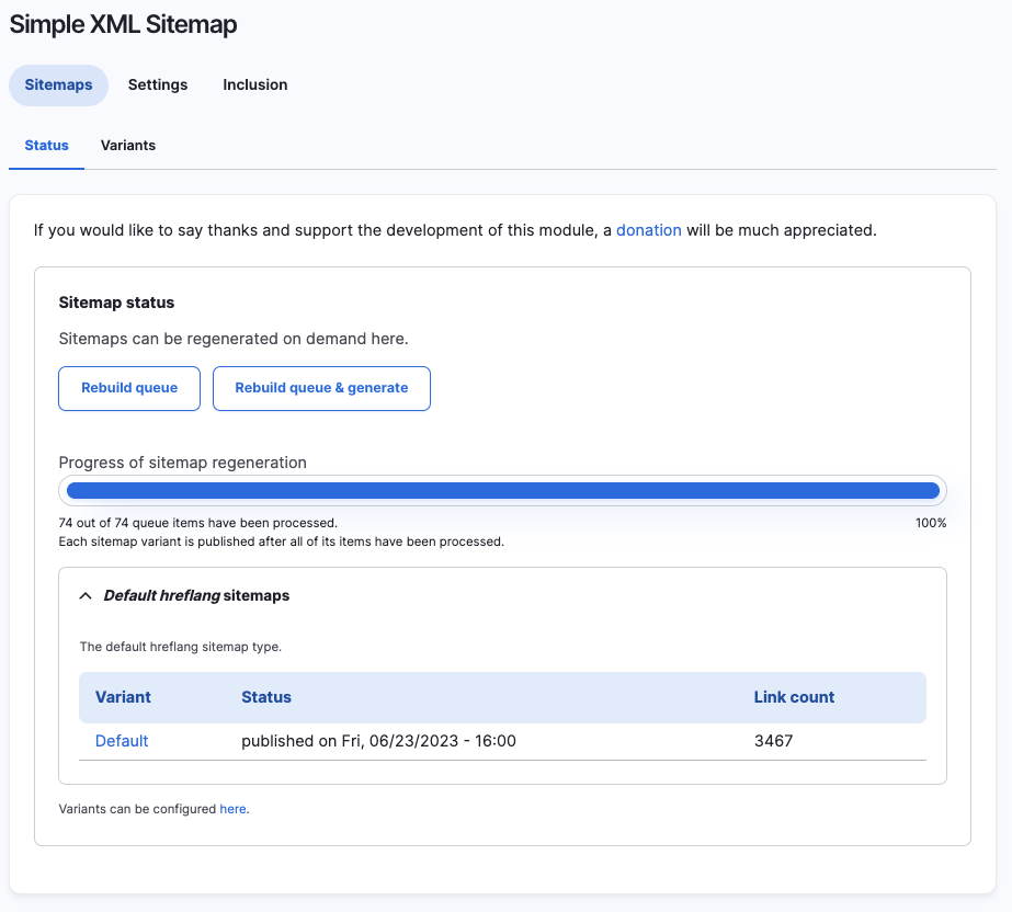 Simple Sitemap XML Module Configuration Start Page