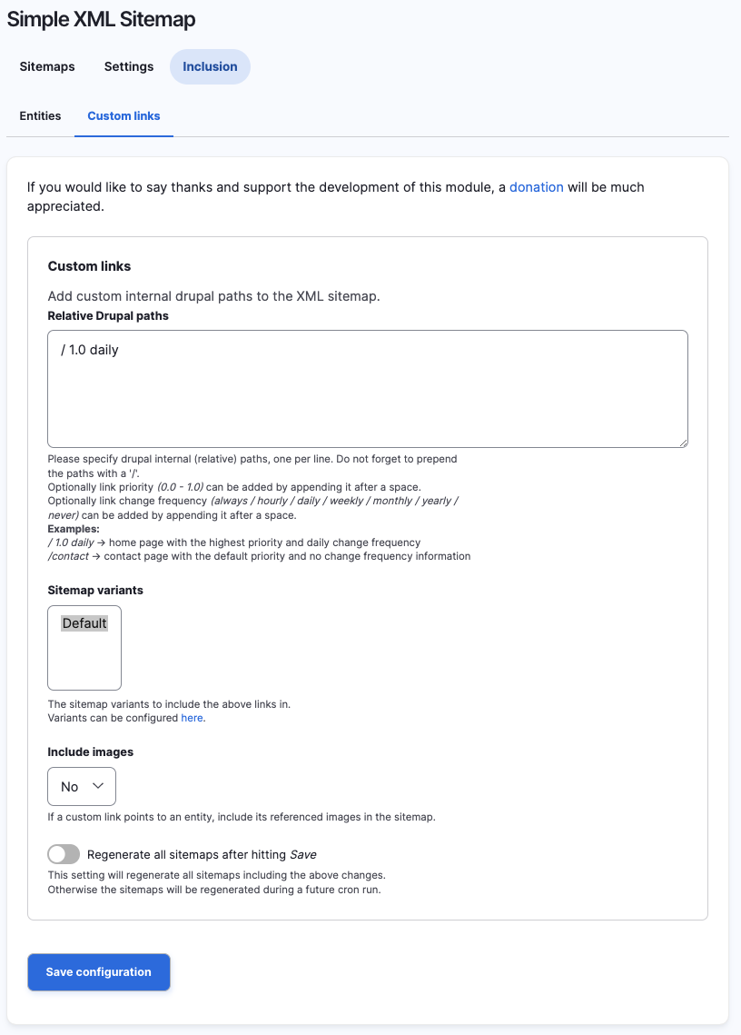 Simple Sitemap XML Direct Links Inclusion Config